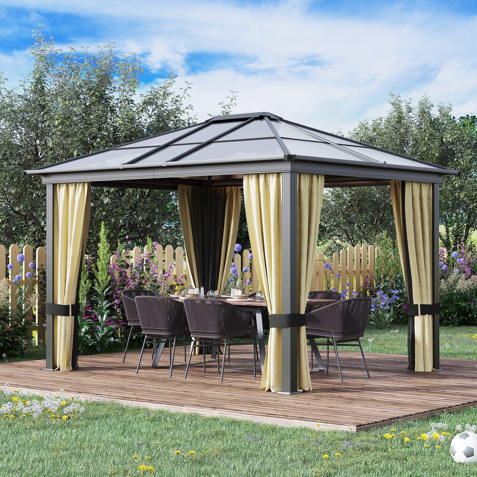 3 x 3.6(m) Hardtop Gazebo Canopy with Polycarbonate Roof and Aluminium Frame, Garden Pavilion with Mosquito Netting and Curtains, Brown