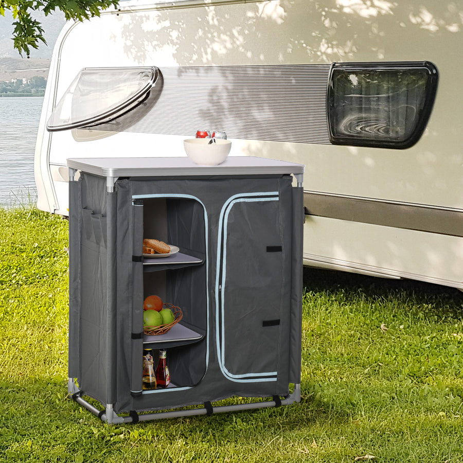 Aluminum Camping Cupboard, Camping Kitchen Station Cook Table with 3-Shelf, Storage Organiser for BBQ Party Picnic