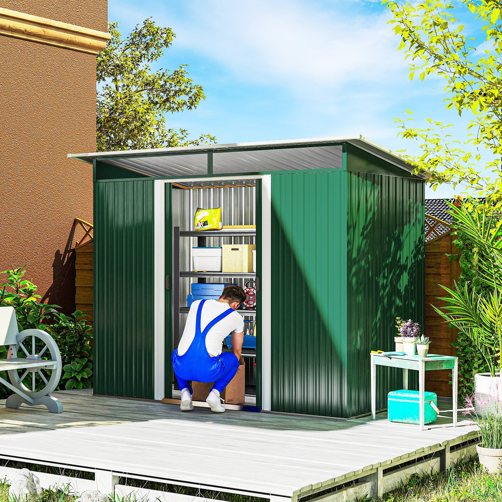 8.5 x 4ft Metal Shed with Lightsky Panels, Garden Storage Tool House with Double Doors for Garden, Patio and Lawn, Green