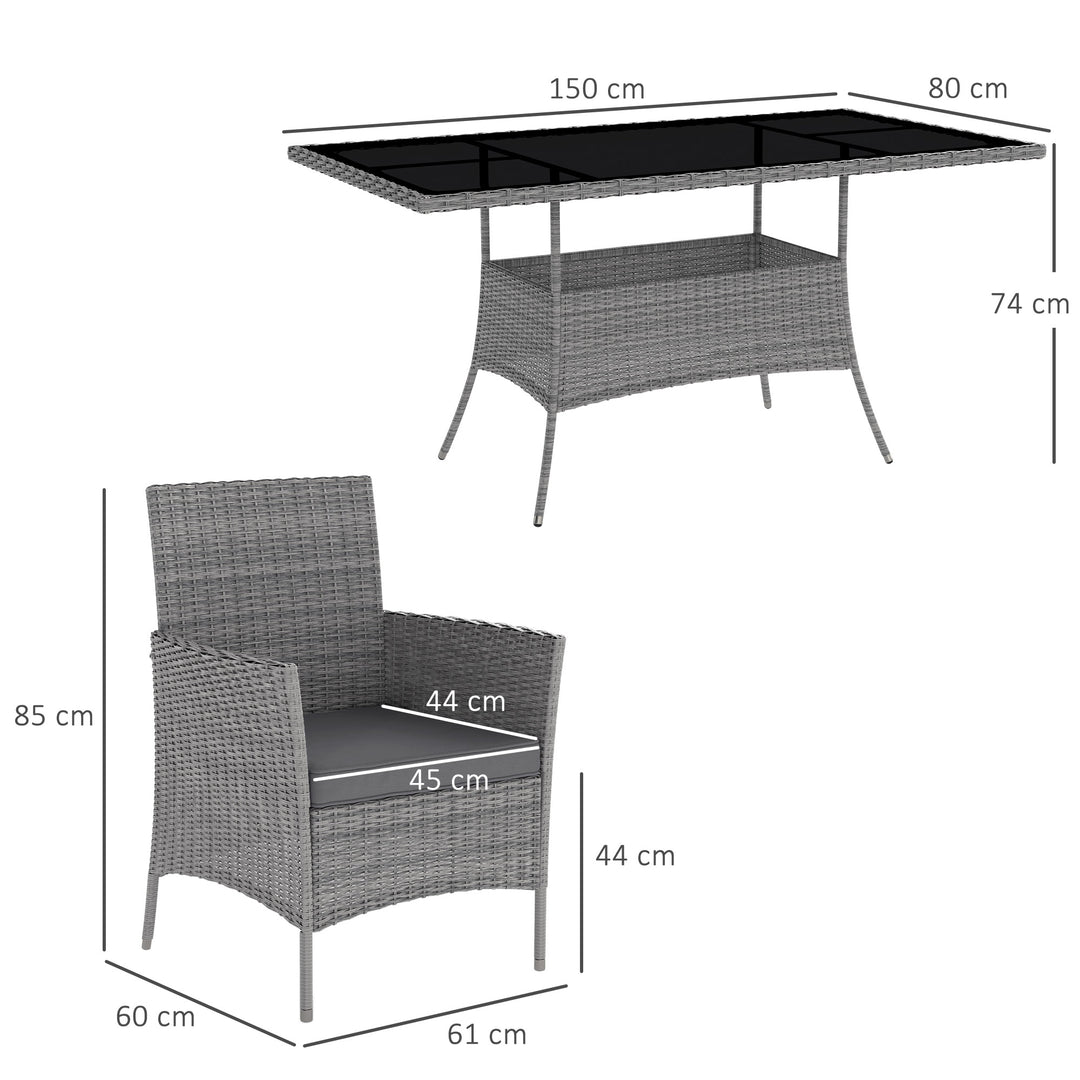7-Piece Rattan Garden Furniture Set with Cushions, 6 Seater Garden Table and Chairs, Rattan Dining Set with 6 Armchairs, Rectangular Glass Top Table, Charcoal Grey