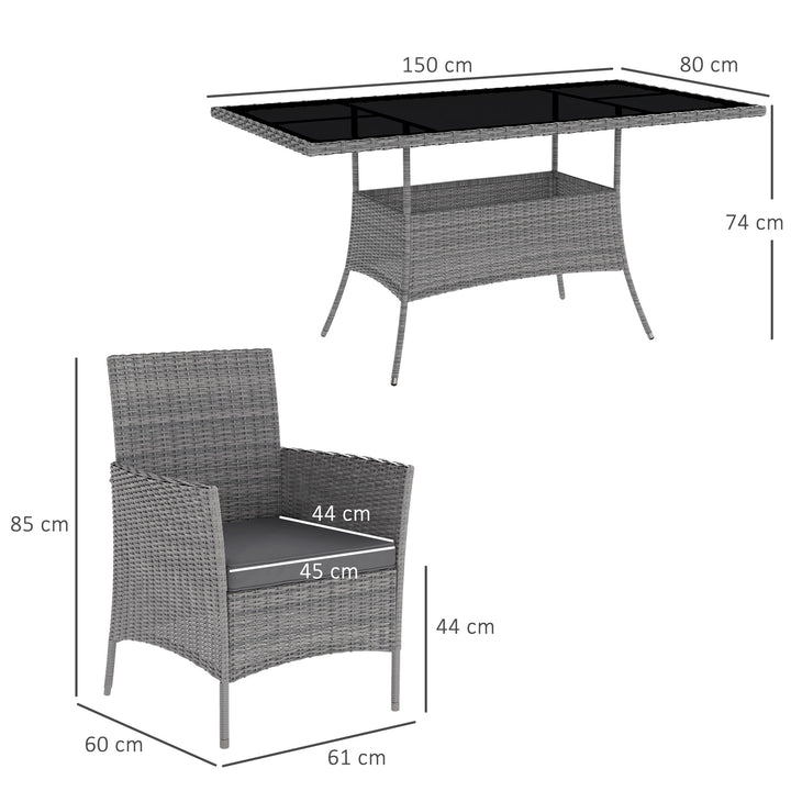 7-Piece Rattan Garden Furniture Set with Cushions, 6 Seater Garden Table and Chairs, Rattan Dining Set with 6 Armchairs, Rectangular Glass Top Table, Charcoal Grey
