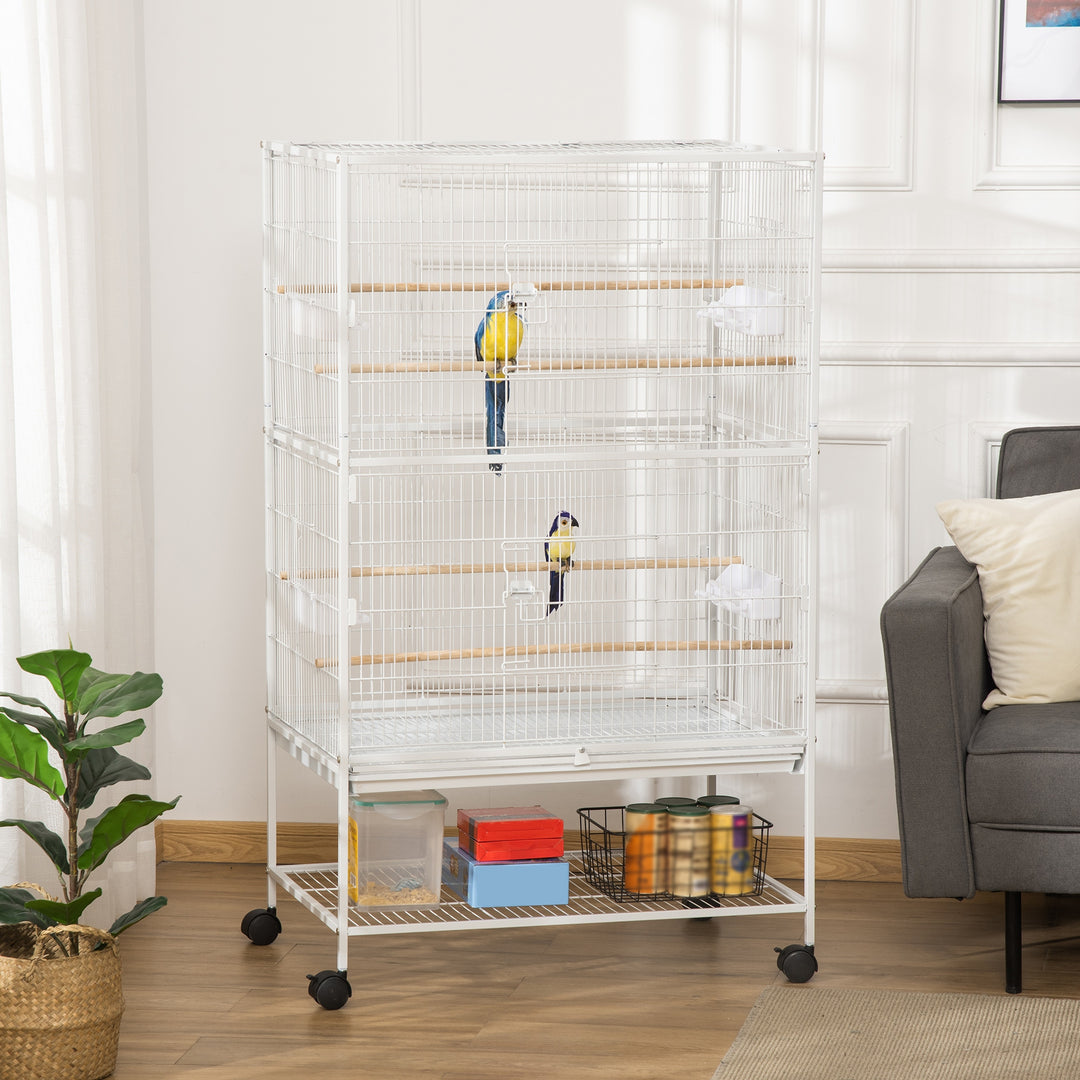 PawHut Large Aviary Bird Cage for Canaries, Budgies with Rolling Stand, Slide-out Cleaning Tray, Perch, Food Containers, White | Aosom UK