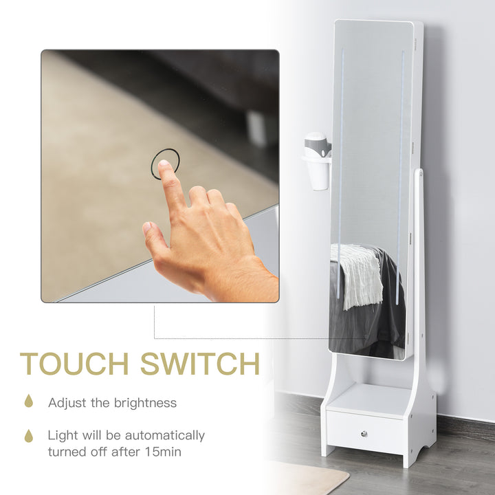Jewellery Cabinet, Full Length Mirror with Storage, Free Standing Mirror with LED Lights, Hooks, Drawer and Hairdryer Holder for Bedroom, White