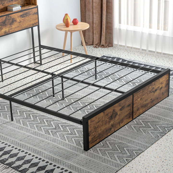 HOMCOM Industrial King Bed Frame, 5.2FT Steel Bed Base w/ Storage Headboard, Footboard, Under Bed Storage, 158 x 222cm, Rustic Brown