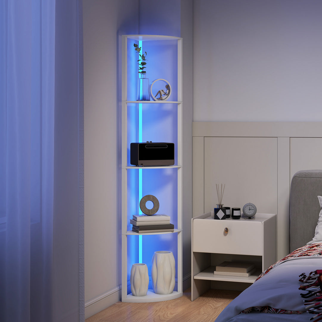 RGB LED Floor Lamp with Shelves, 5-Tier Dimmable Standing Lamp with Adjustable Brightness and Remote Control, Modern Corner Display Shelf Unit for Living Room Bedroom Office, White