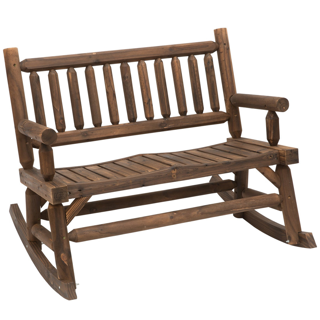 Garden 2-Seater Rocking Bench Wood Frame Rough-Cut Log Loveseat Slatted High Back Rustic Style with Armrests Garden Outdoor Furniture - Dark Stain Brown