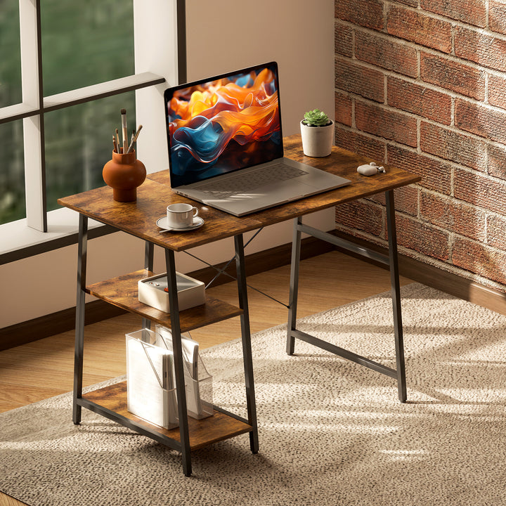 100cm Computer Desk with Storage, Industrial Home Office Desk with 2 Tier Shelves and Steel Frame, Computer Table for Study Room, Rustic Brown