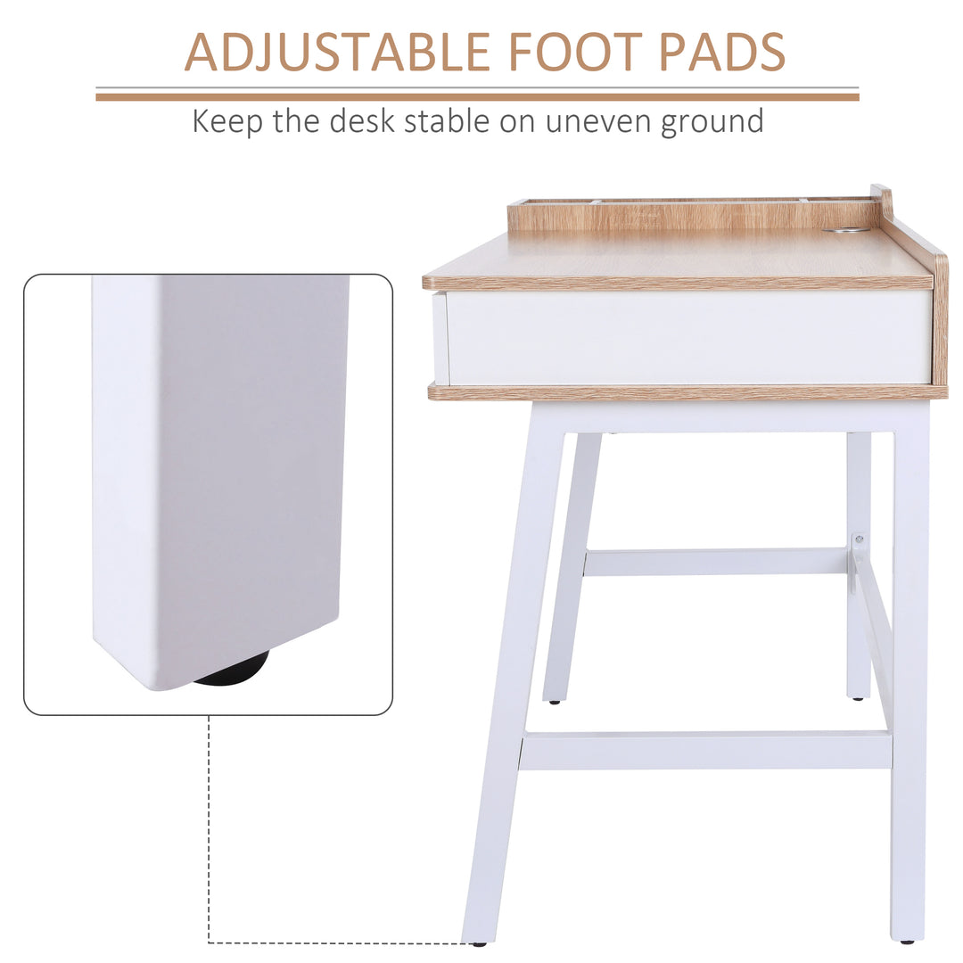 HOMCOM Writing Desk, Computer Table with Drawer, Storage Compartments, Cable Management, Metal Frame, Computer Workstation, Oak and White | Aosom UK