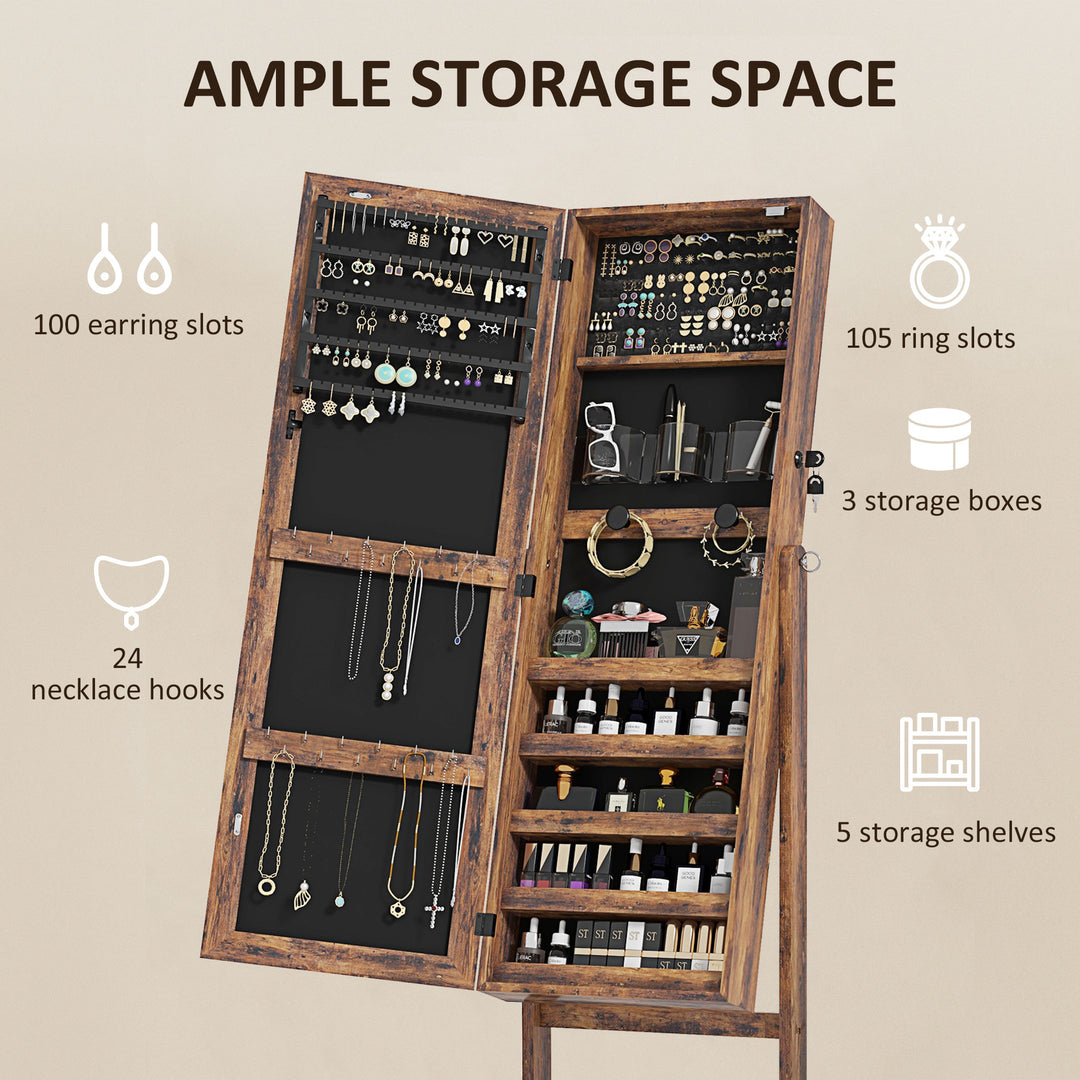 Jewellery Cabinet with LED Light, Lockable Jewellery Organiser with Full-Length Mirror for Bedroom Dressing Room, Rustic Brown