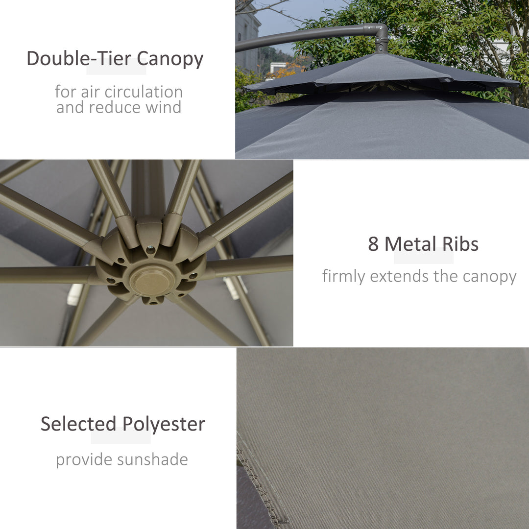 MCL 2.7m Garden Banana Parasol Cantilever Umbrella with Crank Handle, Double Tier Canopy and Cross Base for Outdoor, Hanging Sun Shade, Dark Grey