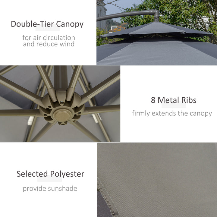 MCL 2.7m Garden Banana Parasol Cantilever Umbrella with Crank Handle, Double Tier Canopy and Cross Base for Outdoor, Hanging Sun Shade, Dark Grey