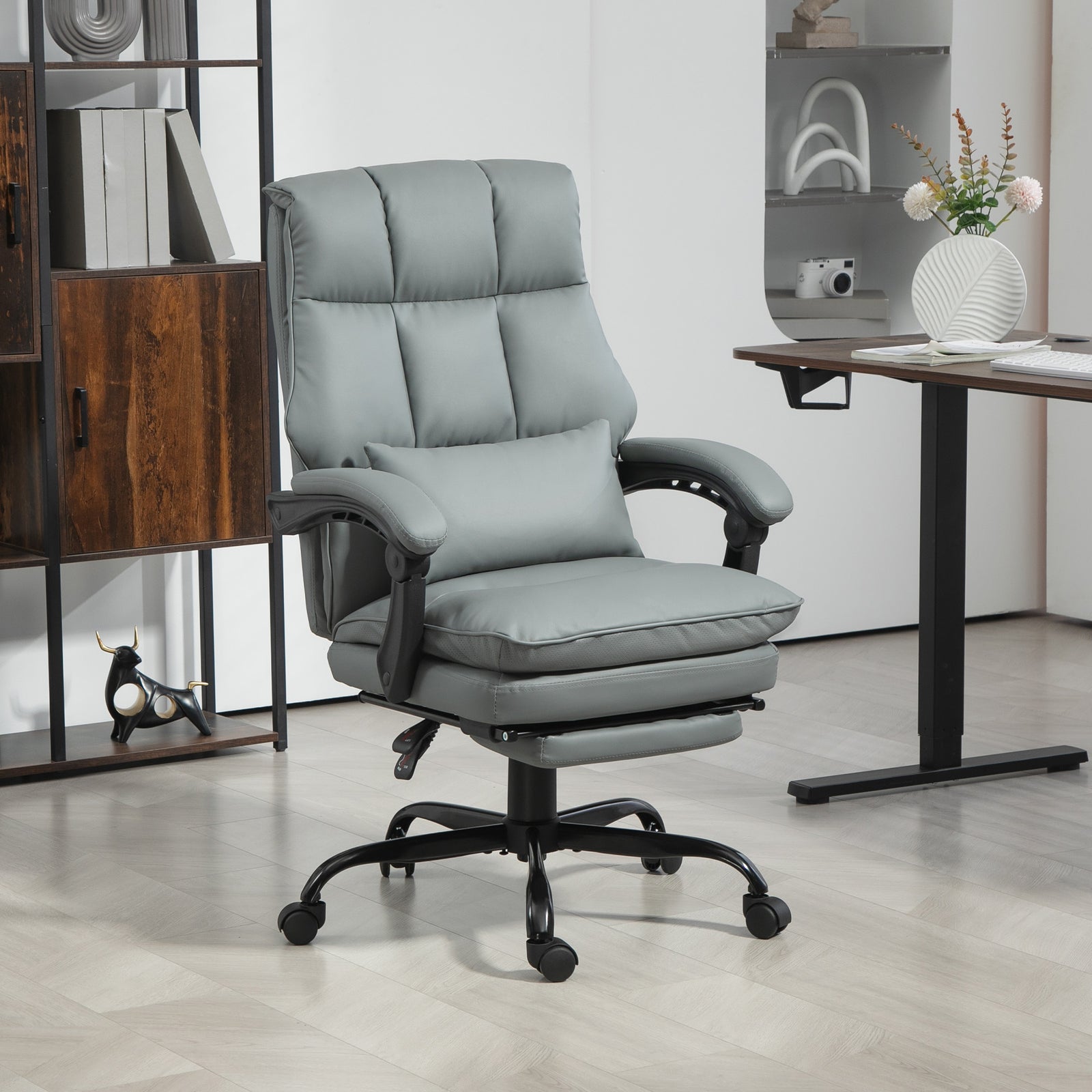 Faux Leather Reclining Office Chair, with Footrest - Grey