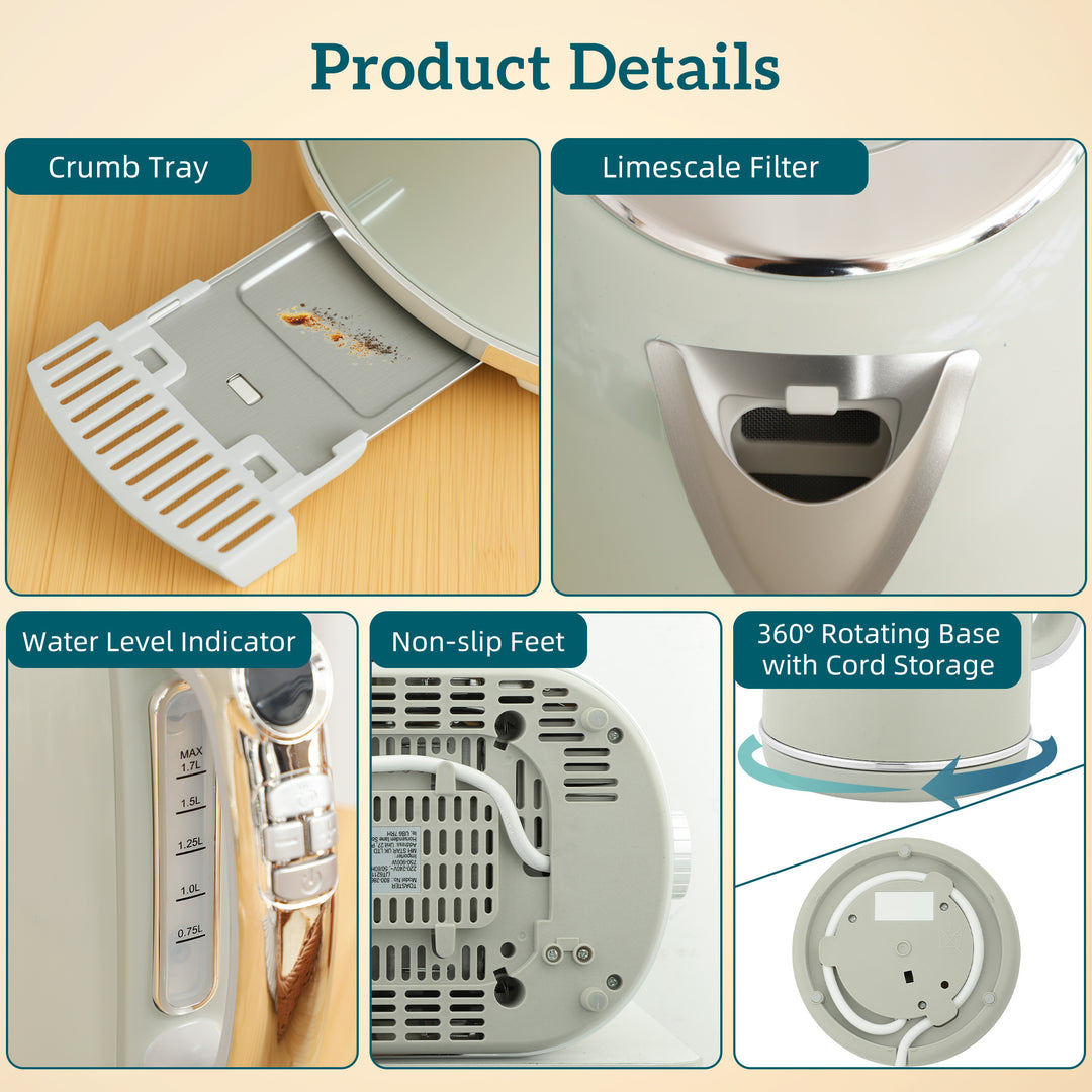 MCL Polished Retro 40-100°C Kettle and Toaster Set - Grey