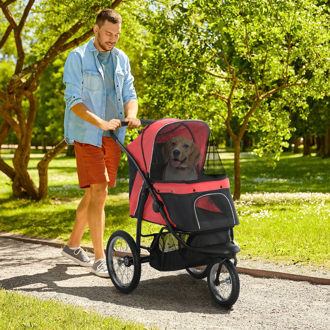 PawHut Pet Stroller Jogger for Medium, Small Dogs, Foldable Cat Pram Dog Pushchair w/ Adjustable Canopy, 3 Big Wheels - Red | Aosom UK