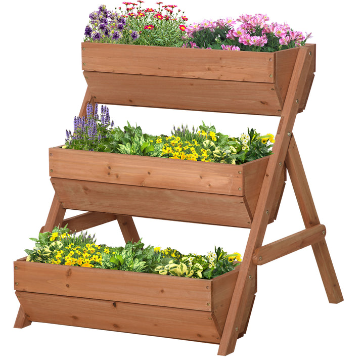 Outsunny 3 Tier Raised Garden Bed Wooden Elevated Planter Box Kit, 66L for Flower, Vegetable, Herb, 65x75x78cm, Brown | Aosom UK