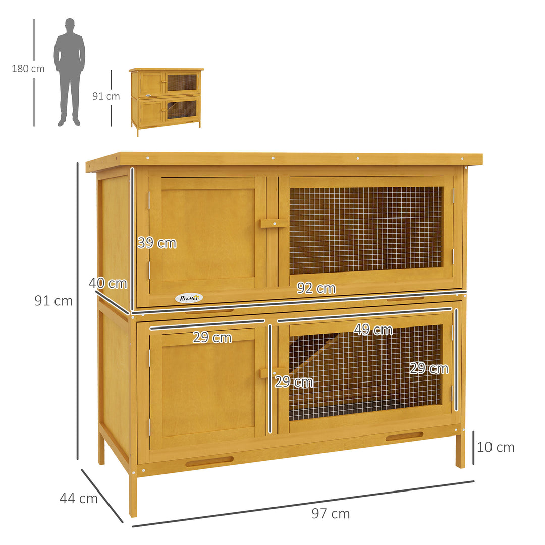 Double Decker Rabbit Hutch 2 Tier Guinea Pig House Pet Cage Outdoor with Sliding-out Tray, 97 x 44 x 91cm, Yellow