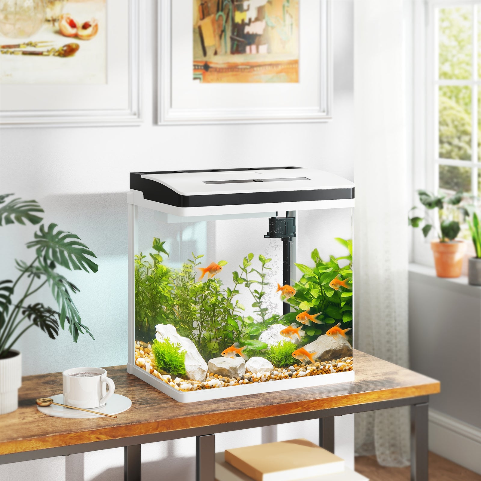 28L Glass Aquarium Fish Tank with Filter, LED Lighting, for Betta, Guppy, Mini Parrot Fish, Shrimp, 38 x 26 x 39.5cm