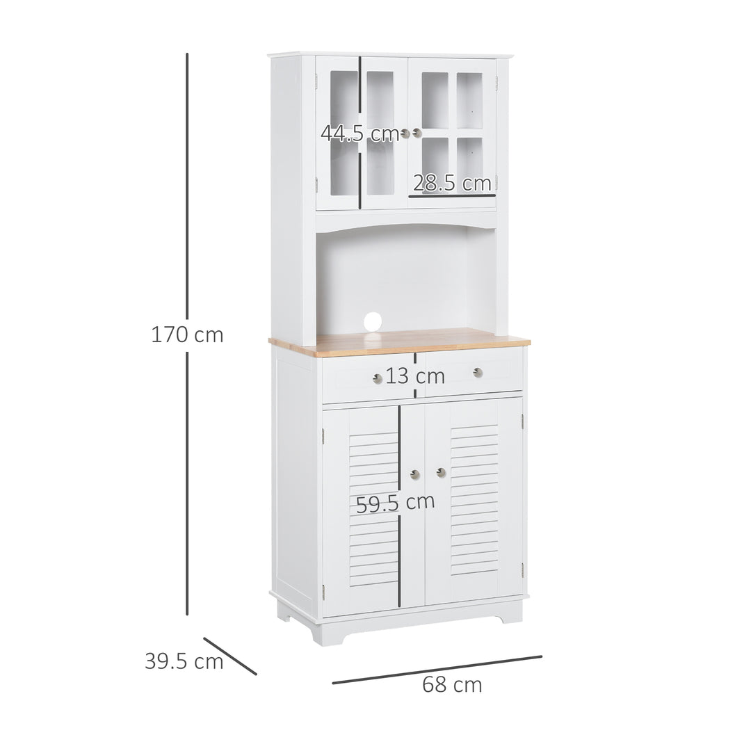 HOMCOM Modern Kitchen Cupboard, Louvered Kitchen Storage Cabinet with Framed Glass Doors and 2 Drawers, White