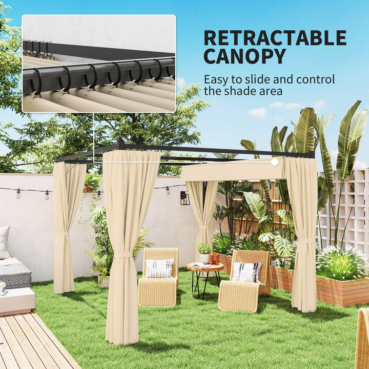 3 x 3m Retractable Roof Pergola, with Curtains - Khaki