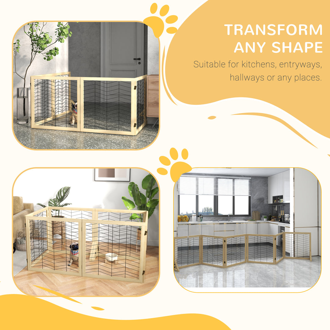 PawHut 6 Panels Pet Gate, Wooden Foldable Dog Barrier w 2PCS Support Feet, for Small Medium Dogs - Natural Wood Finish