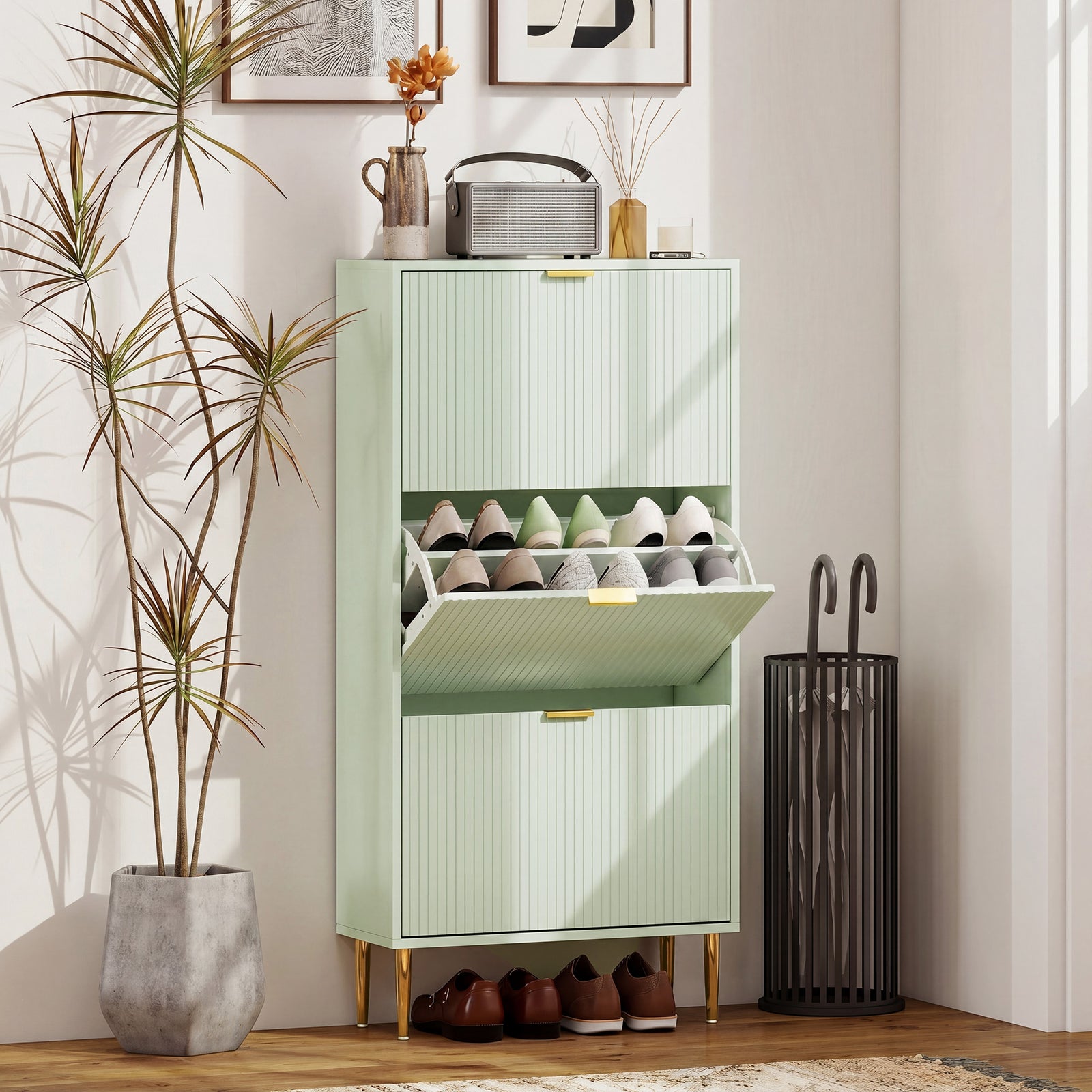 Elegant Three-Drawer Shoe Cabinet - Light Green
