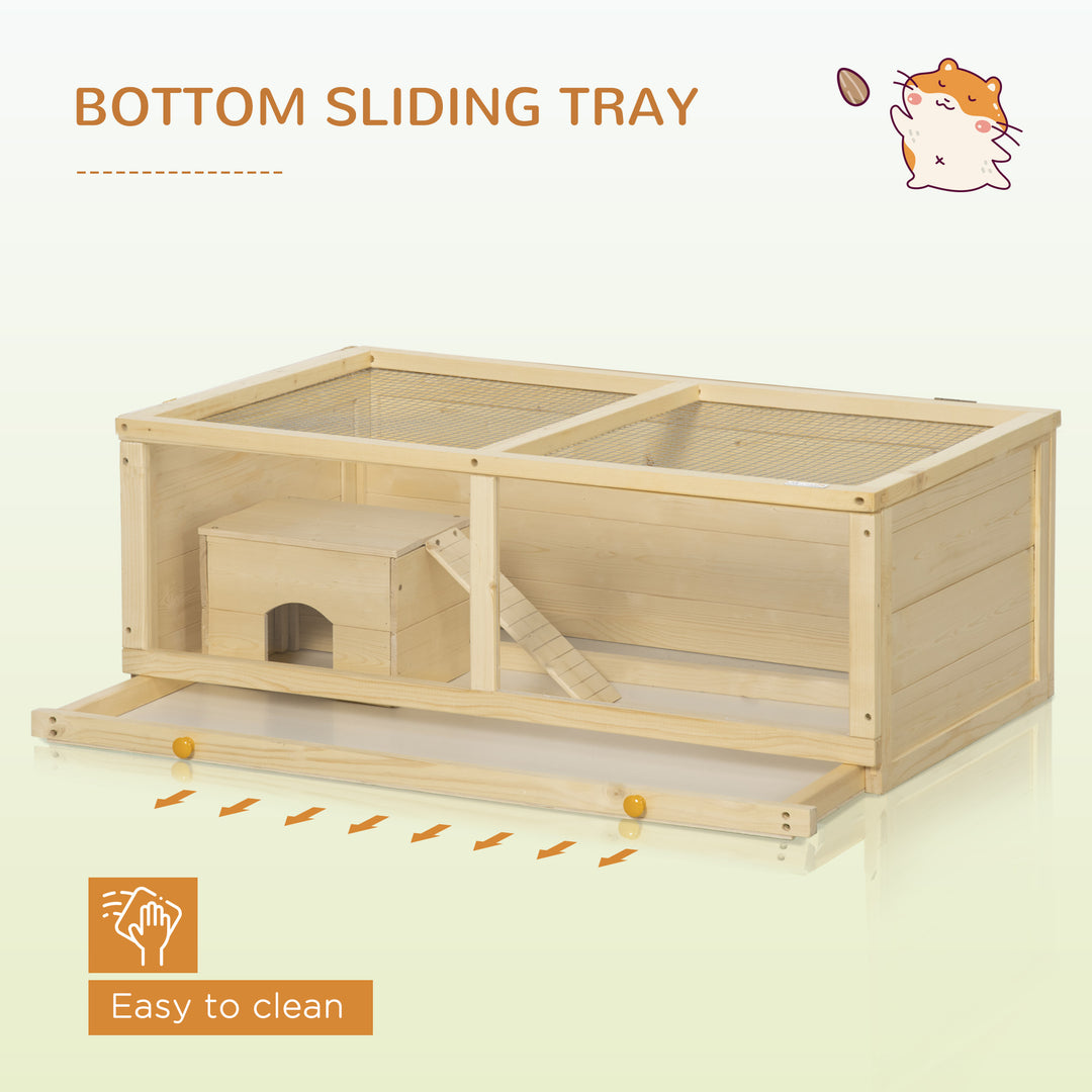 Wooden Hamster Cage with Sliding Tray, Openable Top, Hut for Syrian Hamster, Natural Wood Finish