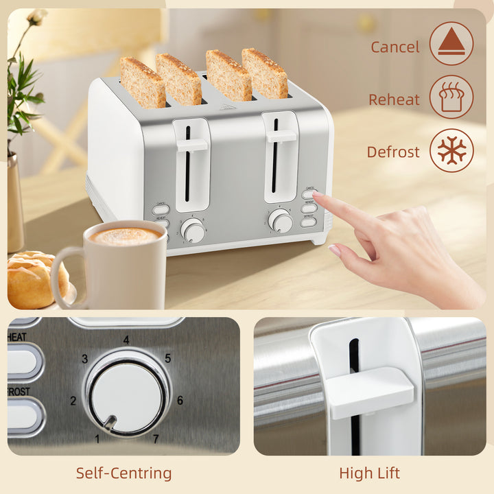 Stainless Steel Kettle and Toaster Set, 1.7L 3000W Rapid Boil Jug Kettle with UK Strix Thermostat, Limescale Filter, 4 Slice Toaster with 7 Browning Controls, Crumb Tray, White and Silver Tone