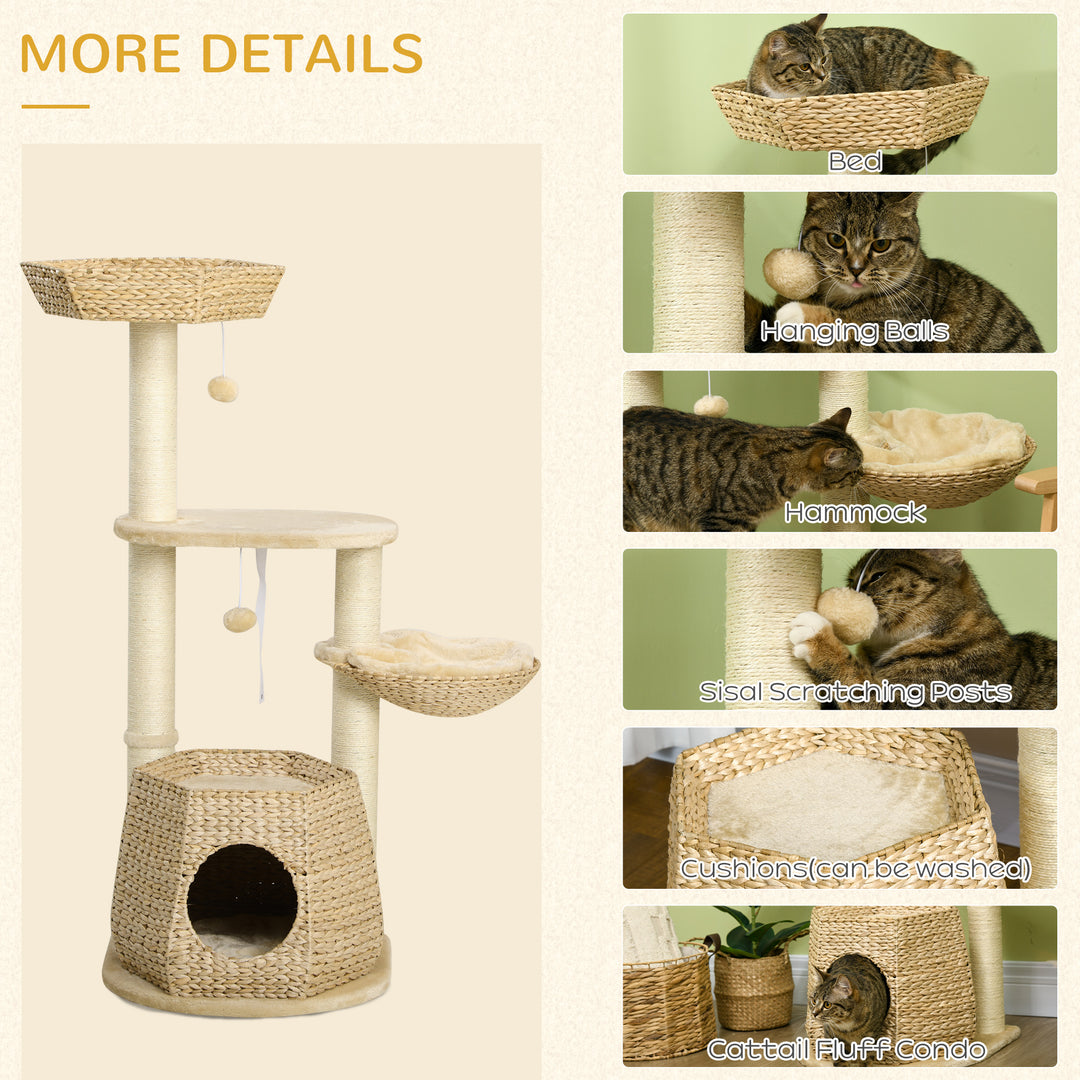 PawHut Cat Tree Tower: Climbing Activity Centre with Cattail, Bed, House, Sisal Scratching Post, Hanging Ball, Natural Tones | Aosom UK