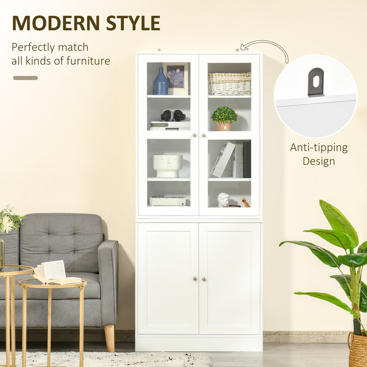 Modern Bookcase with Glass Doors, Display Storage Cabinet with Adjustable Shelves for Living Room, Study, Home Office, Kitchen Cupboard with Small Open Counter, White