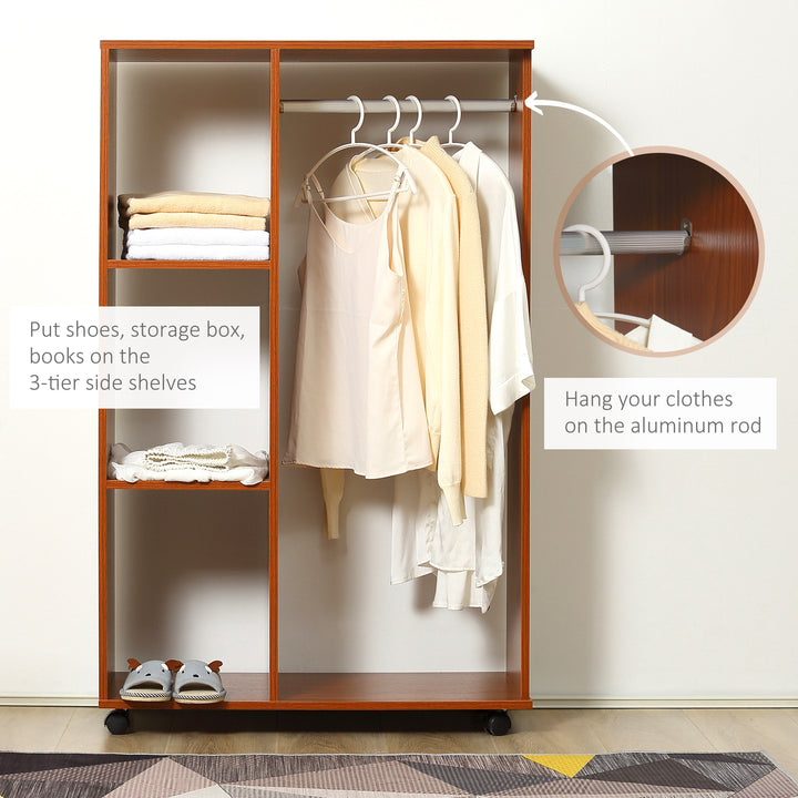 Open Wardrobe on Wheels, Bedroom Wardrobe with Clothes Hanging Rail, 3 Storage Shelves, Mobile Garment Rack for Cloakroom, Hallway, Walnut