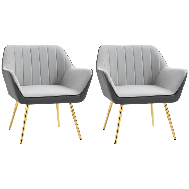 HOMCOM Velvet Armchair Set: Duo of Upholstered Accent Chairs with Golden Steel Legs, Modern Vanity Seating for Living & Bedroom, Light Grey | Aosom UK