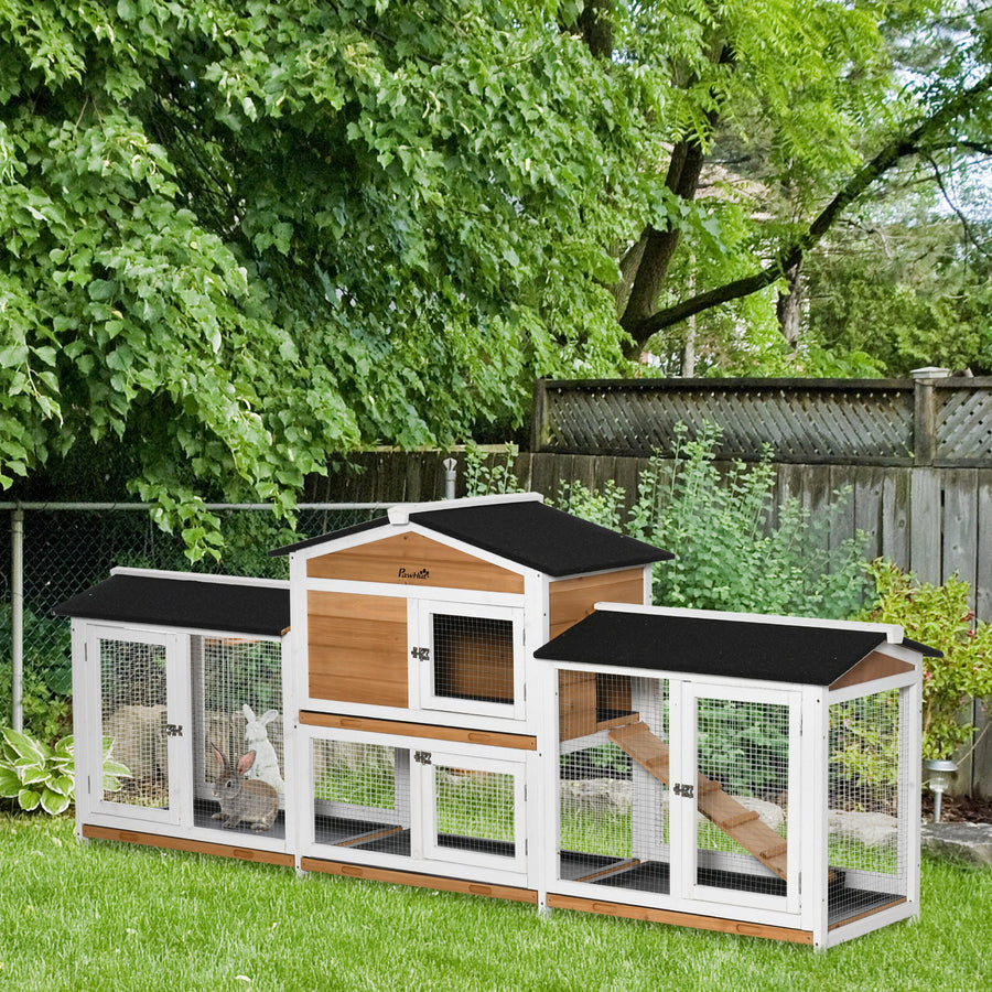 2-Tier Large Rabbit Hutch Outdoor with Double Side Run Boxes, No-leak Plastic Tray, Ramp, 230 x 53 x 93.5cm, White