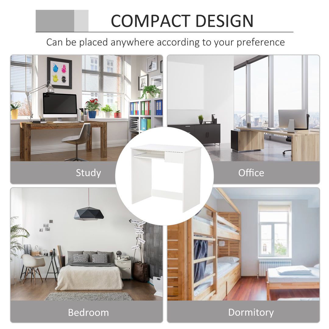80cm Compact Computer Desk with Keyboard Tray, Home Office Desk with Drawer for Bedroom Study, White