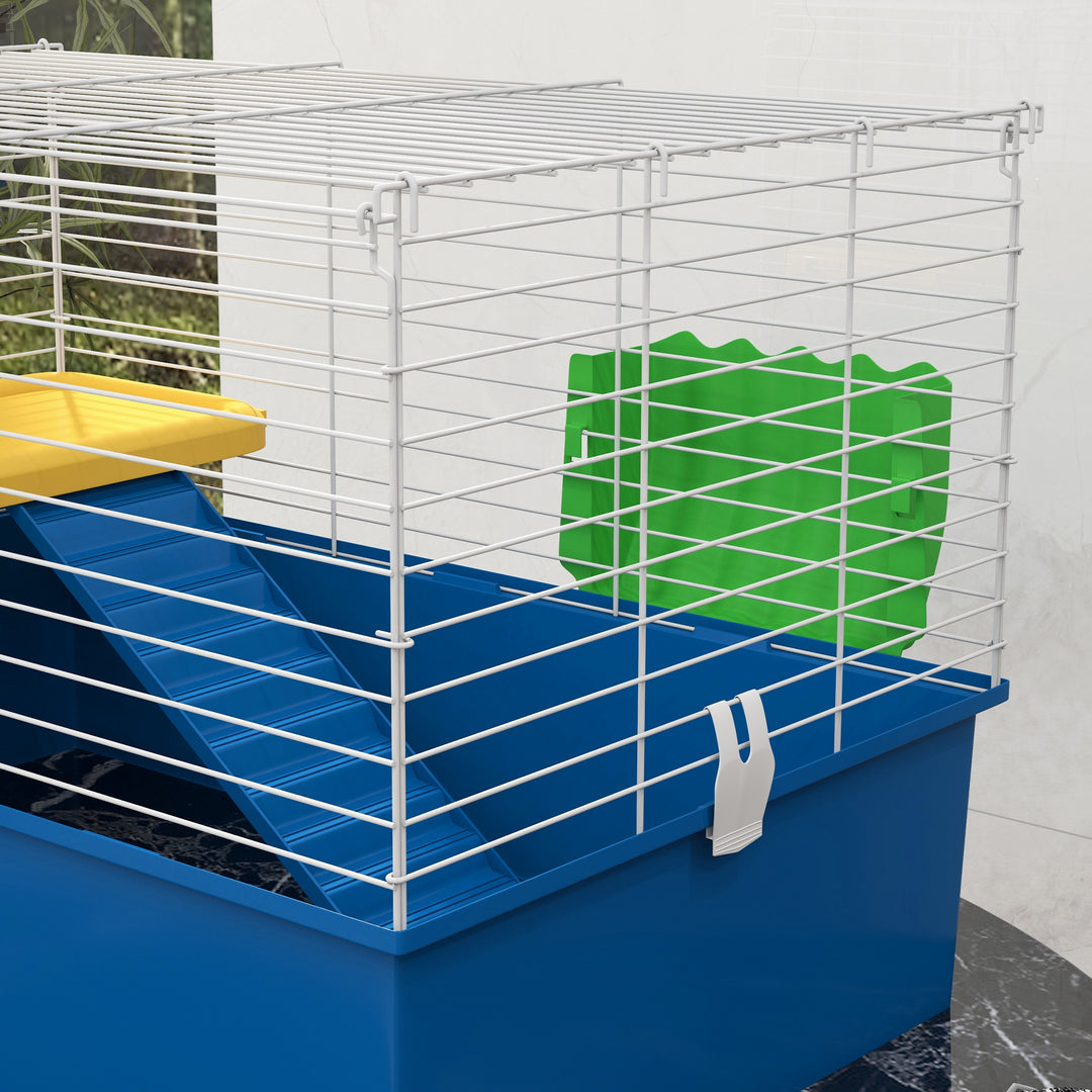 PawHut Chinchillas Small Rabbit Guinea Pig Small Animal Cage, Pet Playhouse, with Platform, Ramp, 71 x 46 x 47cm, Blue | Aosom UK