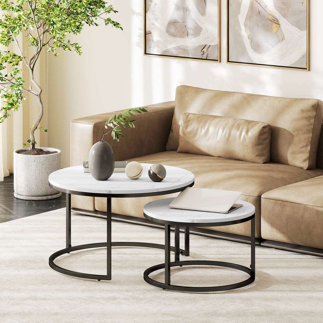 Set of Two Marble-Effect Stacking Tables - Black/White