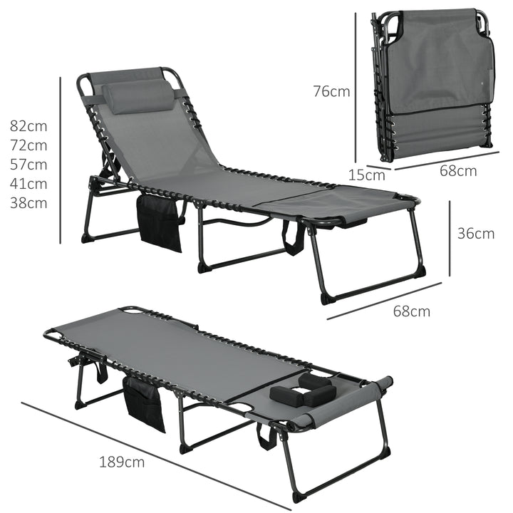 Folding Sun Lounge with 5-level Reclining Back, Outdoor Tanning Chair with Reading Hole, Outdoor Sun Lounge with Side Pocket, Headrest, for Beach, Yard, Patio, Grey