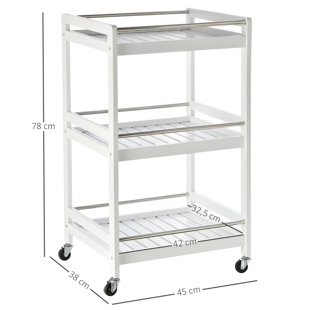 MCL 3-Tier Home Trolley Kitchen Storage Cart w/ Steel Bars 4 Universal Wheels Rolling Unit Organiser Living Room White