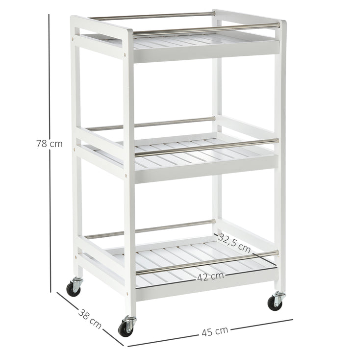 MCL 3-Tier Home Trolley Kitchen Storage Cart w/ Steel Bars 4 Universal Wheels Rolling Unit Organiser Living Room White
