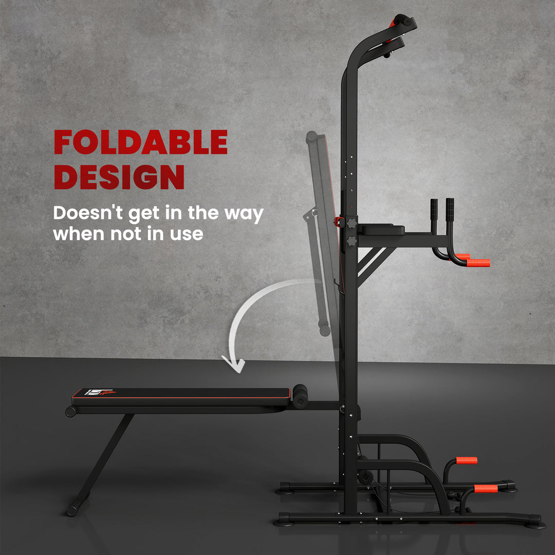 MCL Multifunction Power Tower Home Workout Dip Station w/ Sit-up Bench Push-up Bars and Tension Ropes Fitness Equipment Office Gym Training