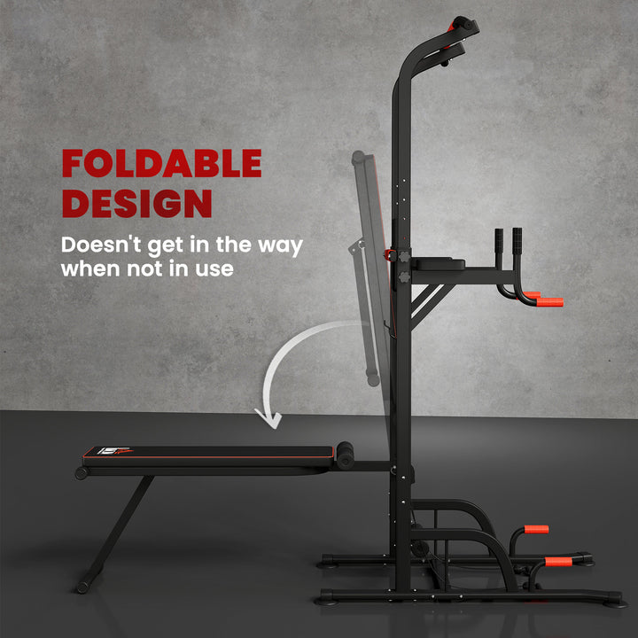 MCL Multifunction Power Tower Home Workout Dip Station w/ Sit-up Bench Push-up Bars and Tension Ropes Fitness Equipment Office Gym Training