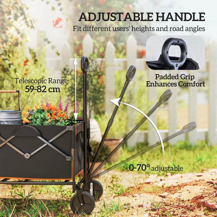 160L Festival Trolley on Wheels, Folding Camping Trolley Cart w/ Tailgate, 100kg Heavy Duty Garden Collapsible Folding Wagon w/Adjustable Handle, Carry Bag for Beach Picnic, Black and Orange