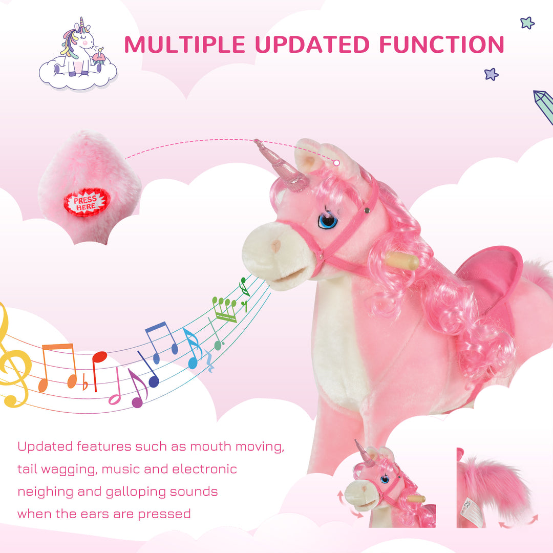 MCL Kids Plush Rocking Horse Ride On Unicorn w/ Sound Moving Mouth Wagging Tail Children Rocker Toy Gift 3-6 Years Pink