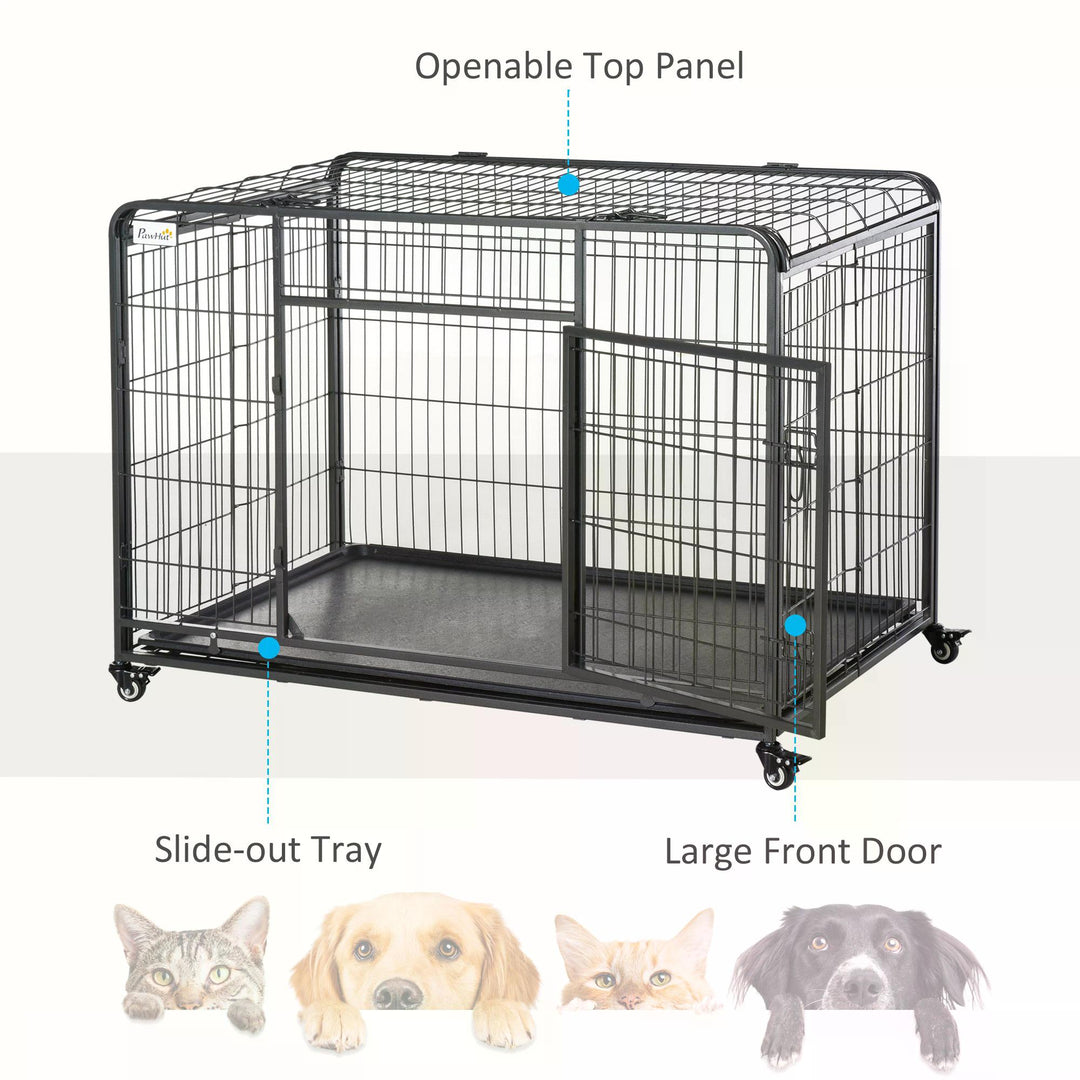 PawHut Folding Heavy-Duty Dog Crate: Double Door Pet Kennel with Removable Tray, Lockable Wheels, 125cm x 76cm x 81cm | Aosom UK