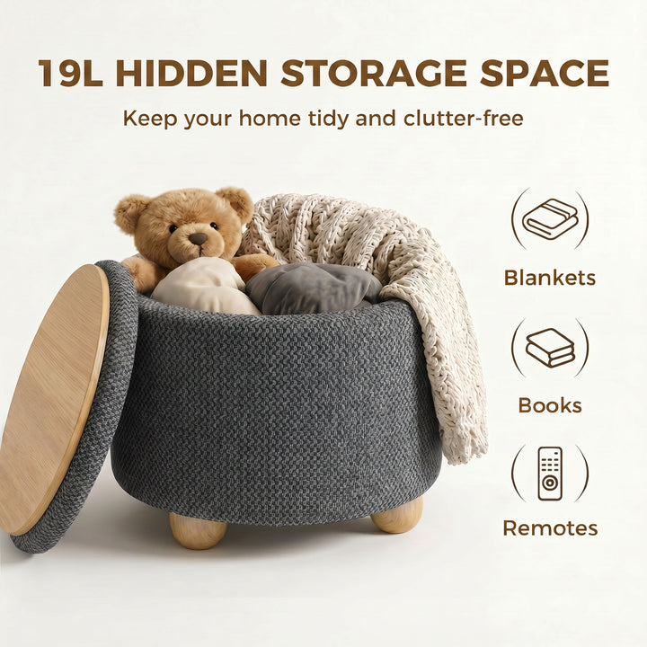 Storage Sitting Bench with Lid, Round Storage Ottoman with Rubberwood 