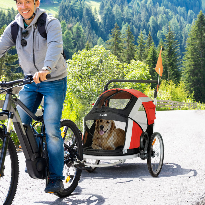 PawHut Foldable Dog Bike Trailer, 2-in-1 Pet Cycling Carrier with Safety Leash, Flag for Small Animals, Camping, Hiking, Red