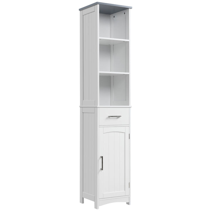 MCL Tall Bathroom Storage Cabinet with 3 Tier Shelf, Cupboard, Drawer, Door, Freestanding Linen Tower, Slim Side Organizer, White