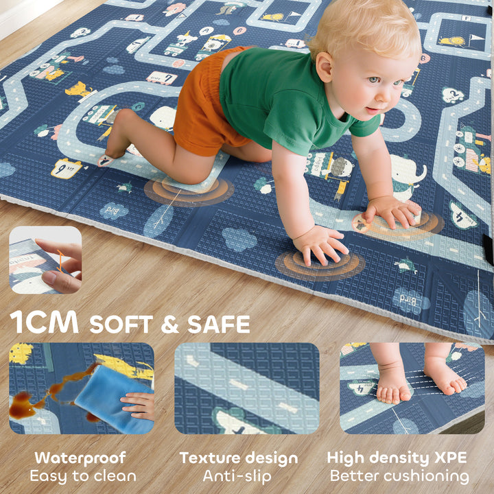 MCL Foldable Baby Play Mat, Baby Playpen, Reversible Foam Playmat, Floor Mats for Toddlers, Traffic and Grey Diamond Theme