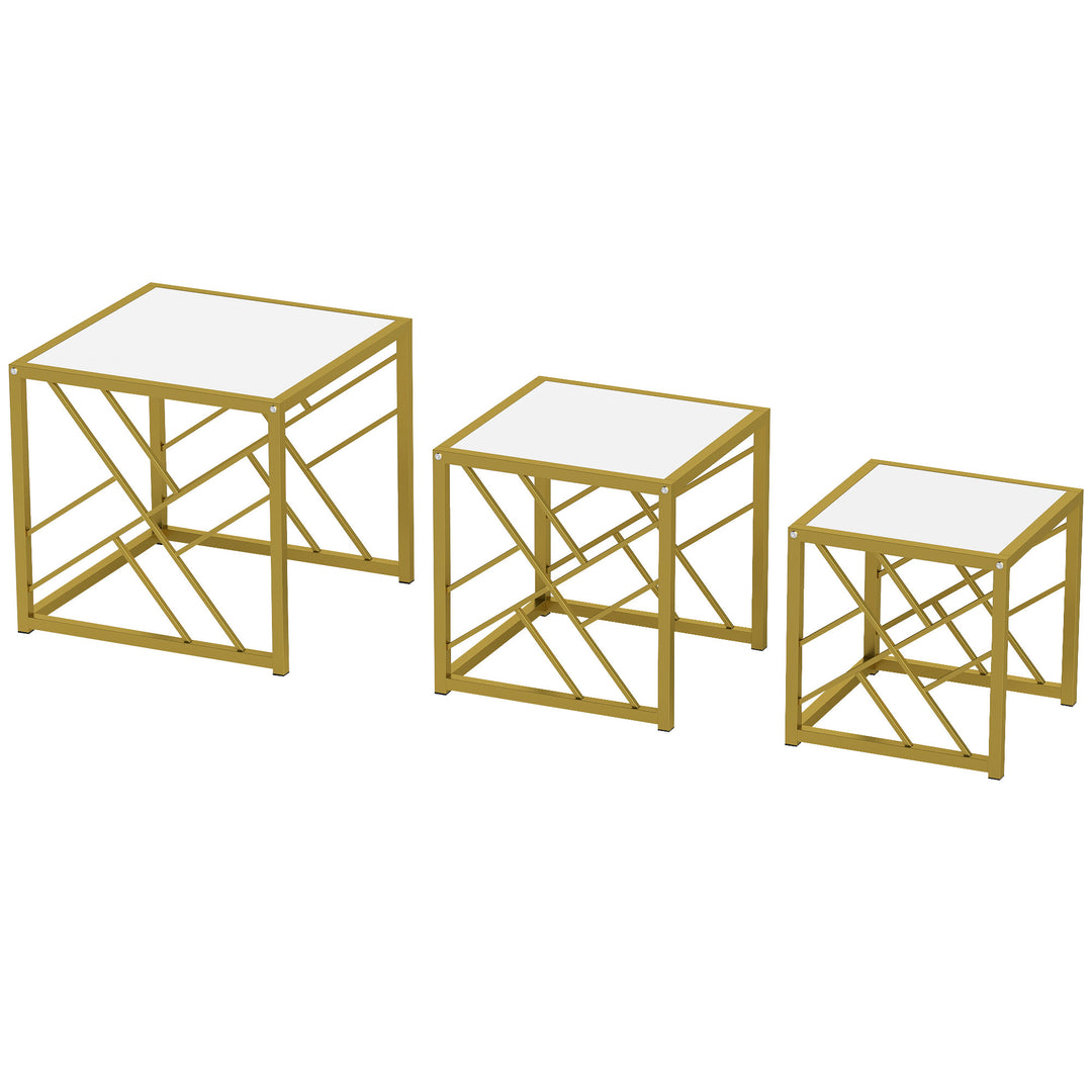 Nesting Coffee Tables, Set of 3 Square Side Tables with Gold Metal Fra