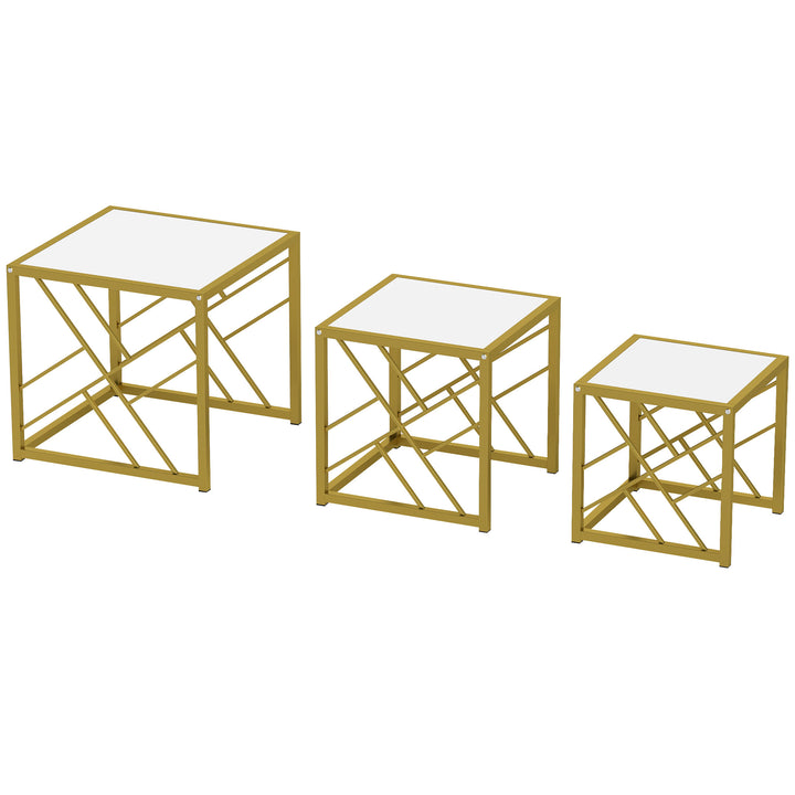 Nesting Coffee Tables, Set of 3 Square Side Tables with Gold Metal Fra