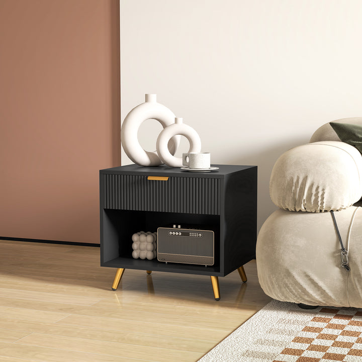 Elegant Bedside Table, with Drawer and Shelf - Black/Gold Tone